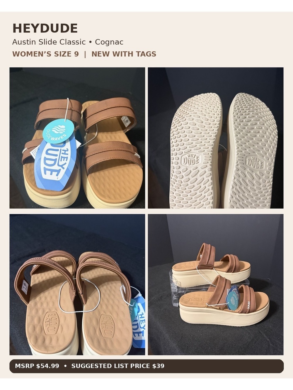 HEYDUDE Austin Slide Classic Platform Sandals Cognac Women's Size 9
